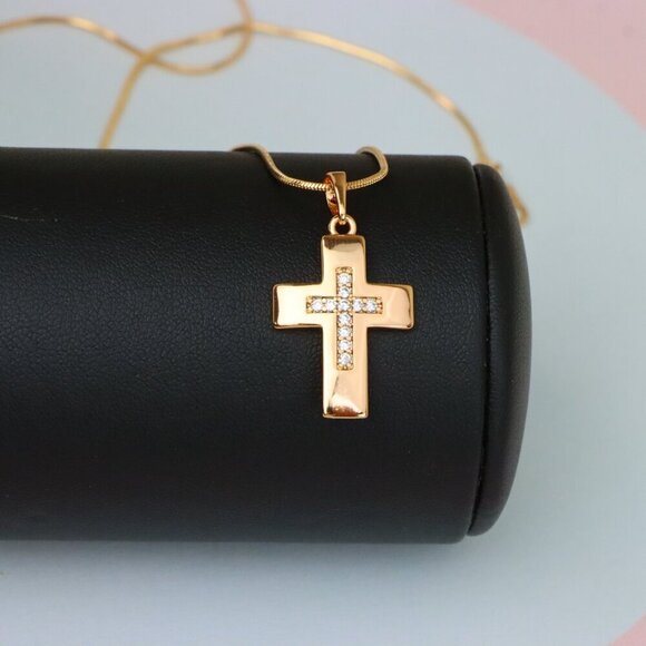 "Rose Gold Cross Pendant with Inset CZ Accents in Glossy Finish, XPPT1847 - Picture 13 of 13